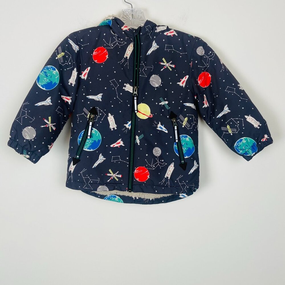 Mini Boden Pack-Away Padded Jacket Navy Space Rocketship Sherpa, Size 3 – 4